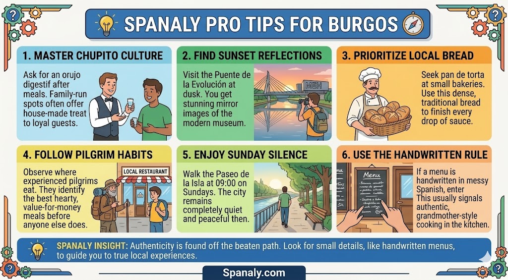 Infographic guide featuring Spanaly pro tips for Burgos, including local cultural habits, dining advice, and secret local spots to experience the city like a resident.