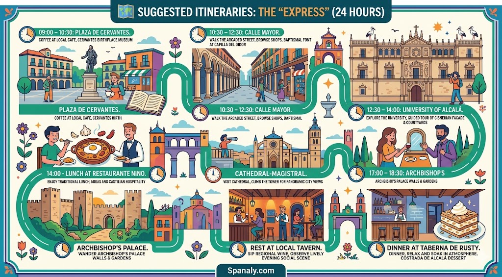 24-hour express travel itinerary for Alcala de Henares, featuring a detailed schedule of landmarks, dining, and sightseeing tips for a one-day trip.