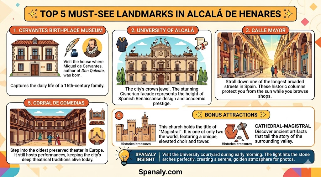 Infographic guide featuring the top 5 must-see landmarks in Alcala de Henares, including the Cervantes Birthplace Museum, University, and Cathedral-Magistral for travel planning.