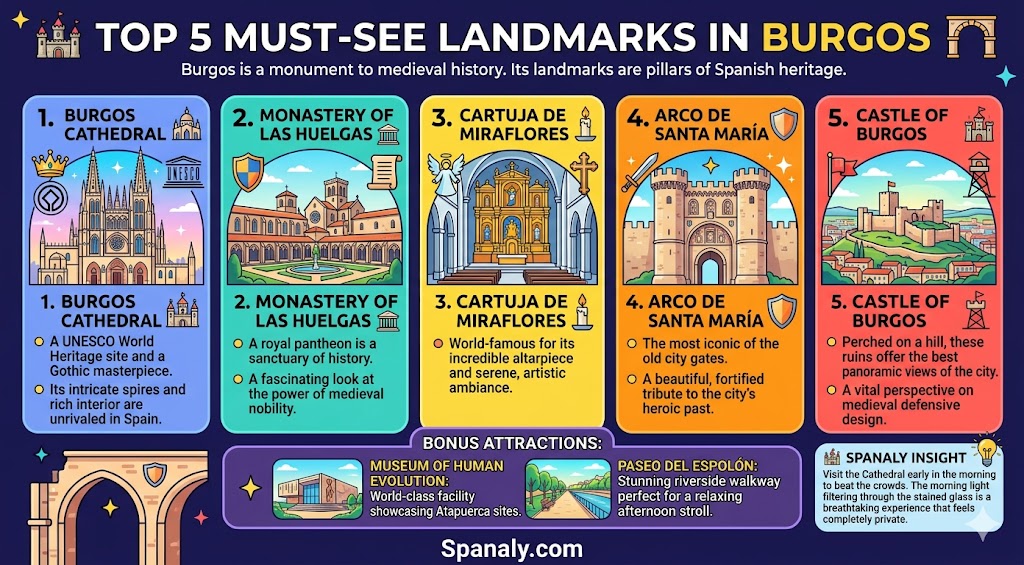 Infographic showcasing the top 5 must-see landmarks in Burgos, including the Cathedral, Monastery of Las Huelgas, and other iconic historical sites for travelers.