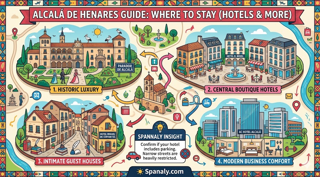 Infographic guide showing top accommodation options in Alcala de Henares, including historic hotels, boutique stays, and modern business lodging for travelers.