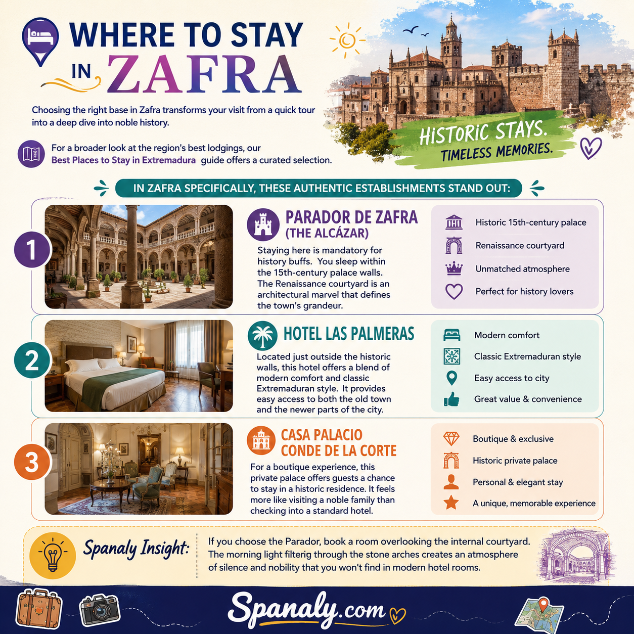 Colorful infographic showcasing where to stay in Zafra, Spain, featuring Parador de Zafra, Hotel Las Palmeras, and Casa Palacio Conde de la Corte, highlighting historic hotels, luxury stays, and accommodation options in Extremadura – Spanaly.com.