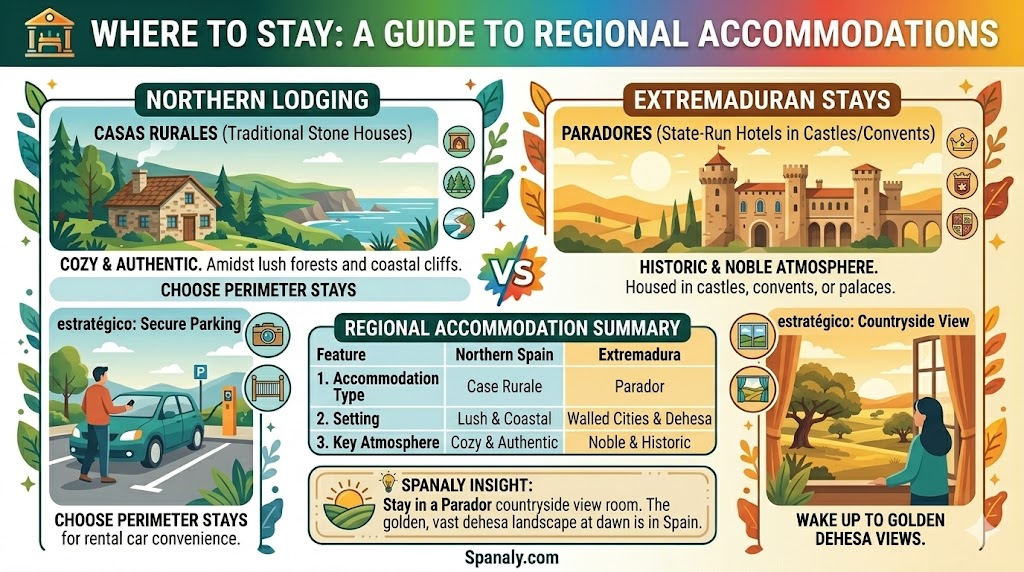 Infographic guide to accommodation in Northern Spain and Extremadura, comparing cozy Casas Rurales with historic Paradores, offering strategic lodging tips for a memorable road trip.