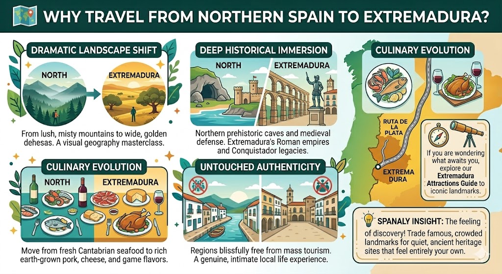 Infographic highlighting the unique reasons to travel from Northern Spain to Extremadura, featuring dramatic landscape shifts, historical immersion, culinary evolution, and authentic experiences.