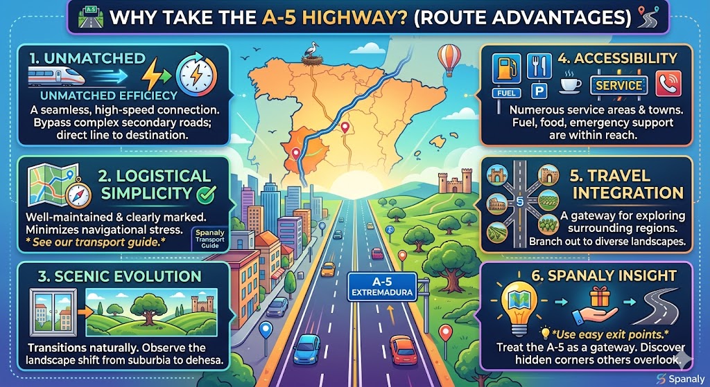 Colorful infographic highlighting the key benefits of driving the A-5 highway, including efficiency, accessibility, and scenic route advantages for travelers.