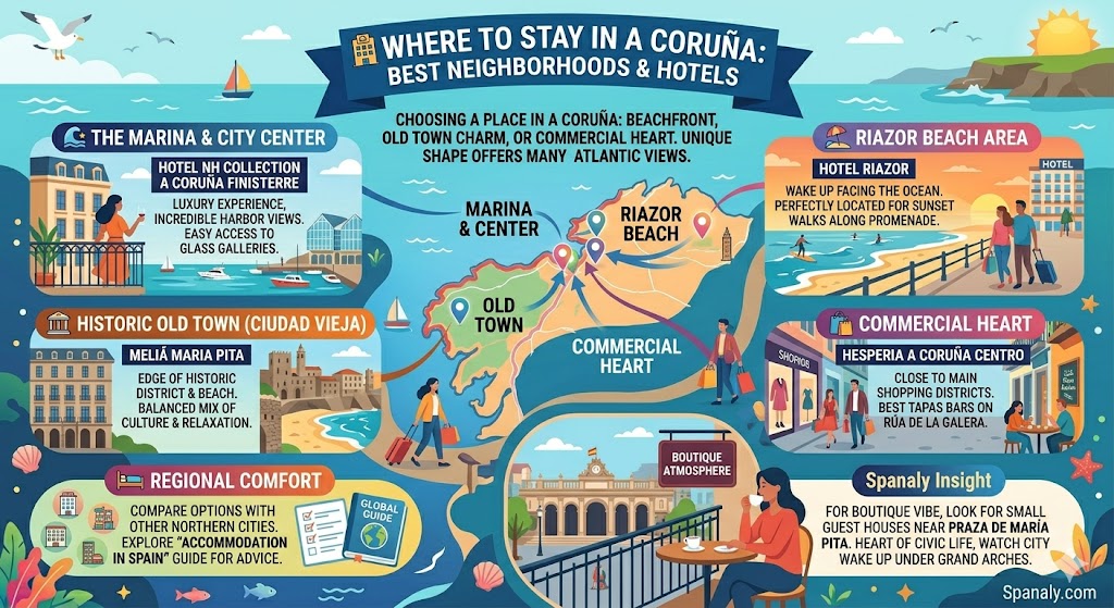 Infographic of where to stay in A Coruña, featuring the Marina & City Center, Riazor Beach, Historic Old Town, and Commercial Heart with hotel recommendations.