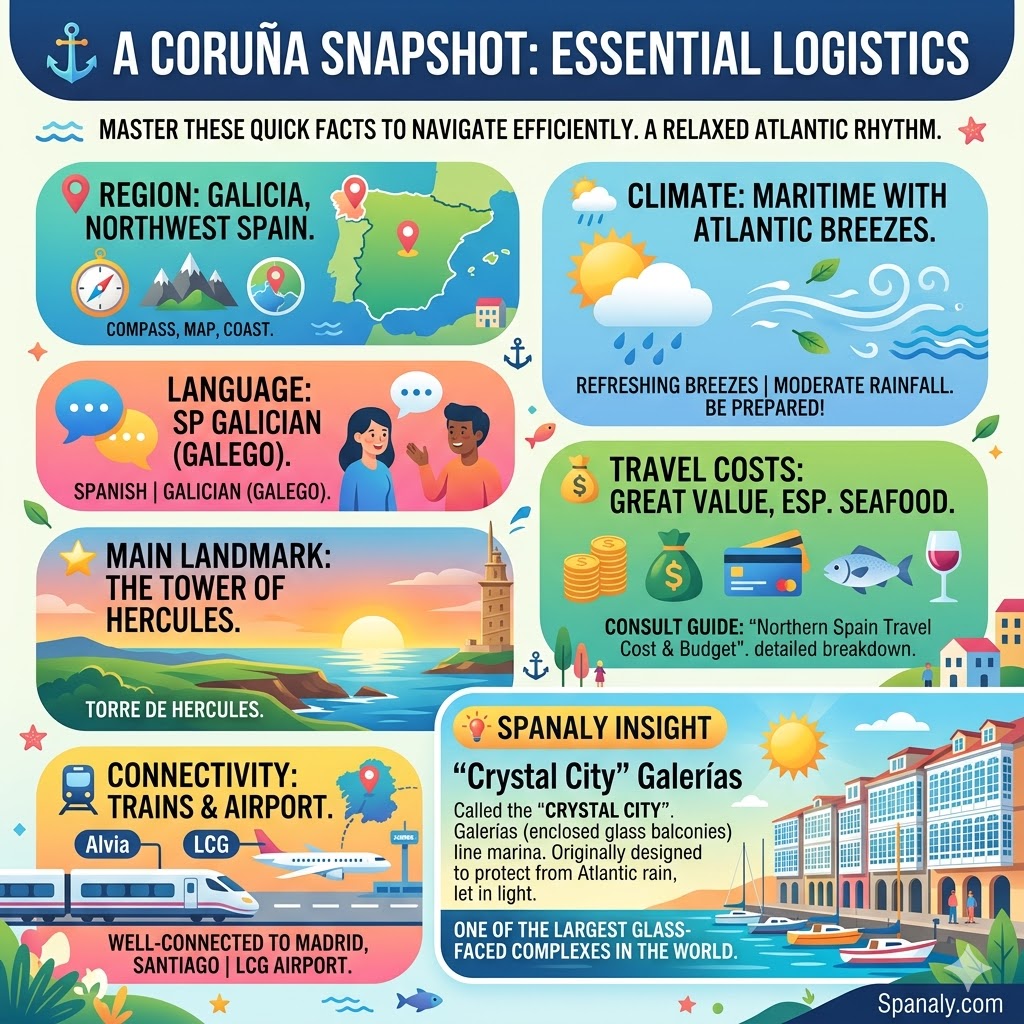 A colorful logistics infographic for A Coruña featuring regional facts, Tower of Hercules landmark, Atlantic climate details, and the famous Crystal City glass galleries.