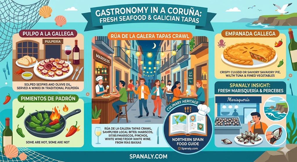 Infographic of A Coruña gastronomy featuring Pulpo a la Gallega, Pimientos de Padrón, Galician Empanada, and a tapas crawl on Rúa de la Galera.