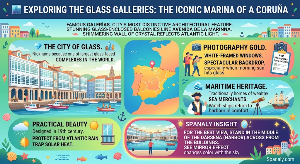 Infographic of the iconic glass galleries in A Coruña's marina, explaining their history as sea merchants' homes and their practical design against Atlantic rain.