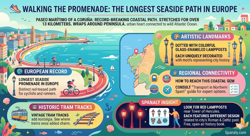 Infographic of the Paseo Marítimo in A Coruña, Europe's longest seaside path, featuring the red cycling track, historic tram lines, and artistic lampposts with Roman designs.