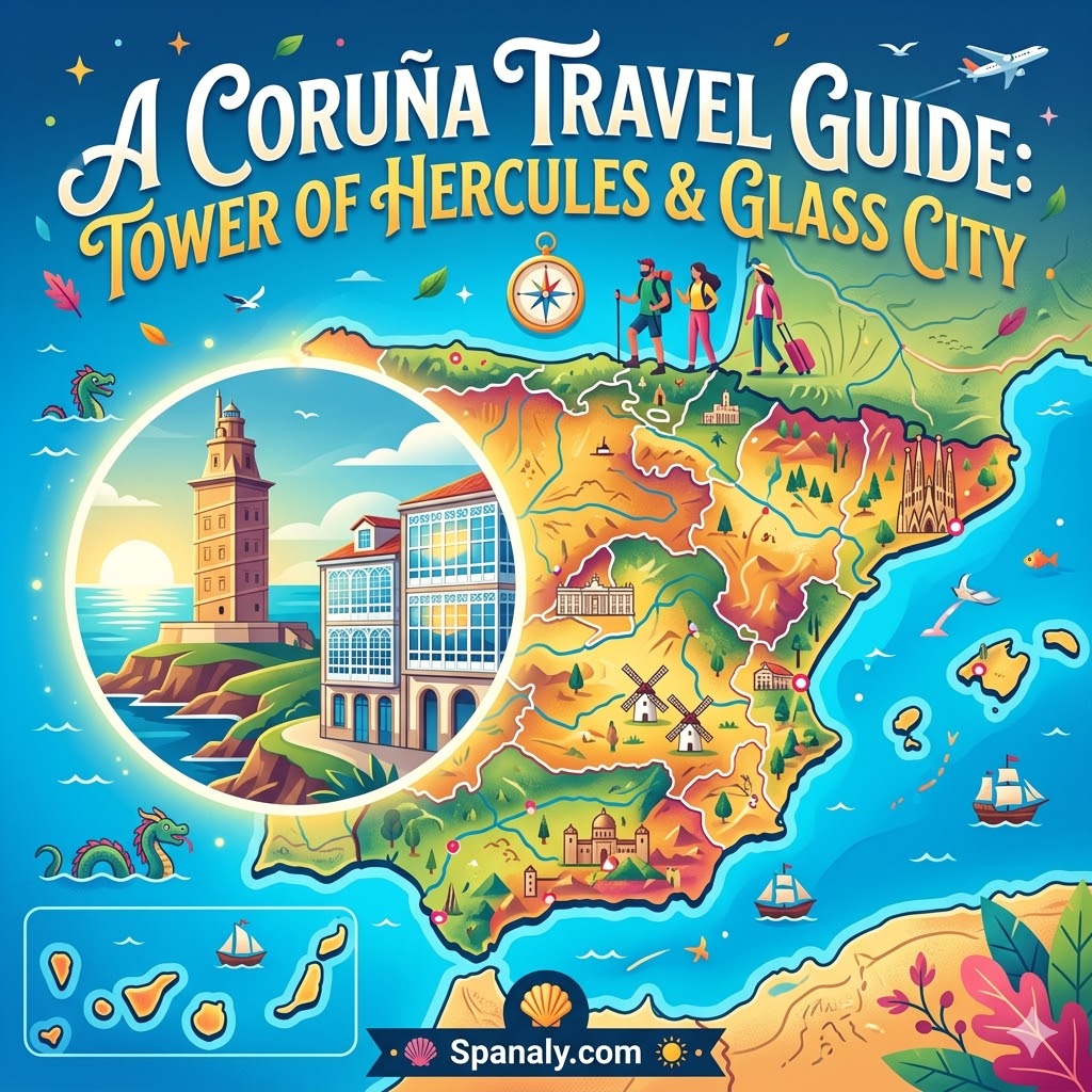 An epic infographic map of Spain featuring A Coruña's Tower of Hercules and the iconic glass galleries of the city coast in a vibrant vector style.