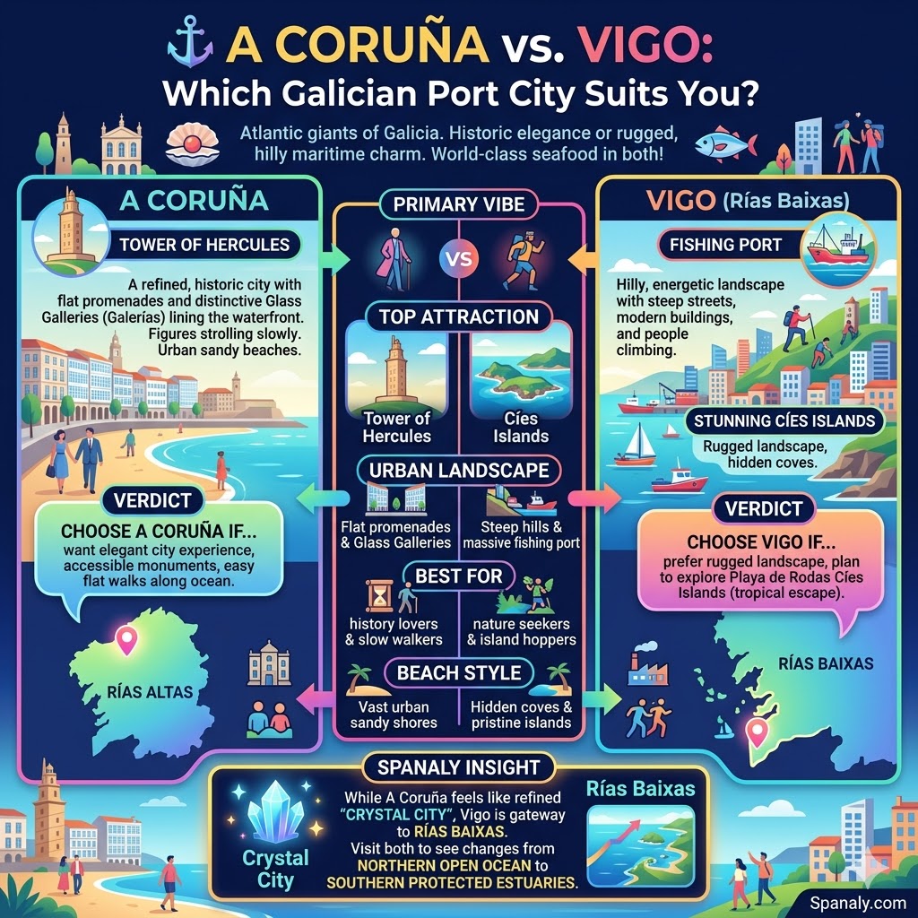 Comparison infographic between A Coruña and Vigo featuring the Tower of Hercules, Cíes Islands, urban landscapes, and a travel verdict for each Galician city.