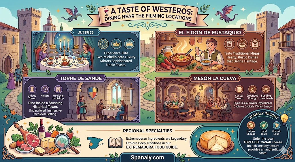 A colorful infographic guide to medieval-style dining near House of the Dragon filming locations in Cáceres, Spain, featuring top-rated restaurants and local food specialties.