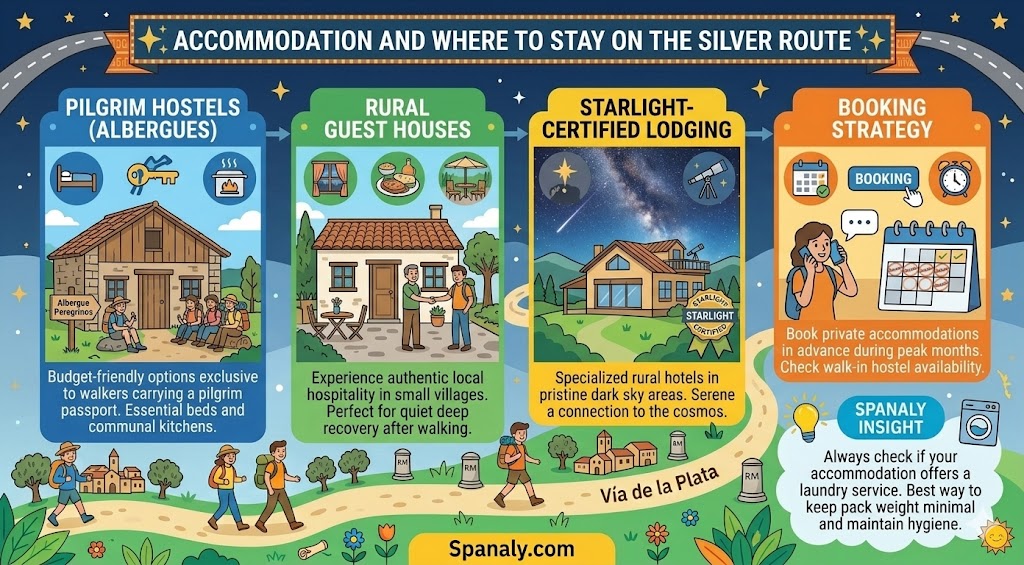 A colorful infographic guide to accommodation options along the Vía de la Plata, including pilgrim hostels, rural guest houses, and starlight-certified lodging for walkers.
