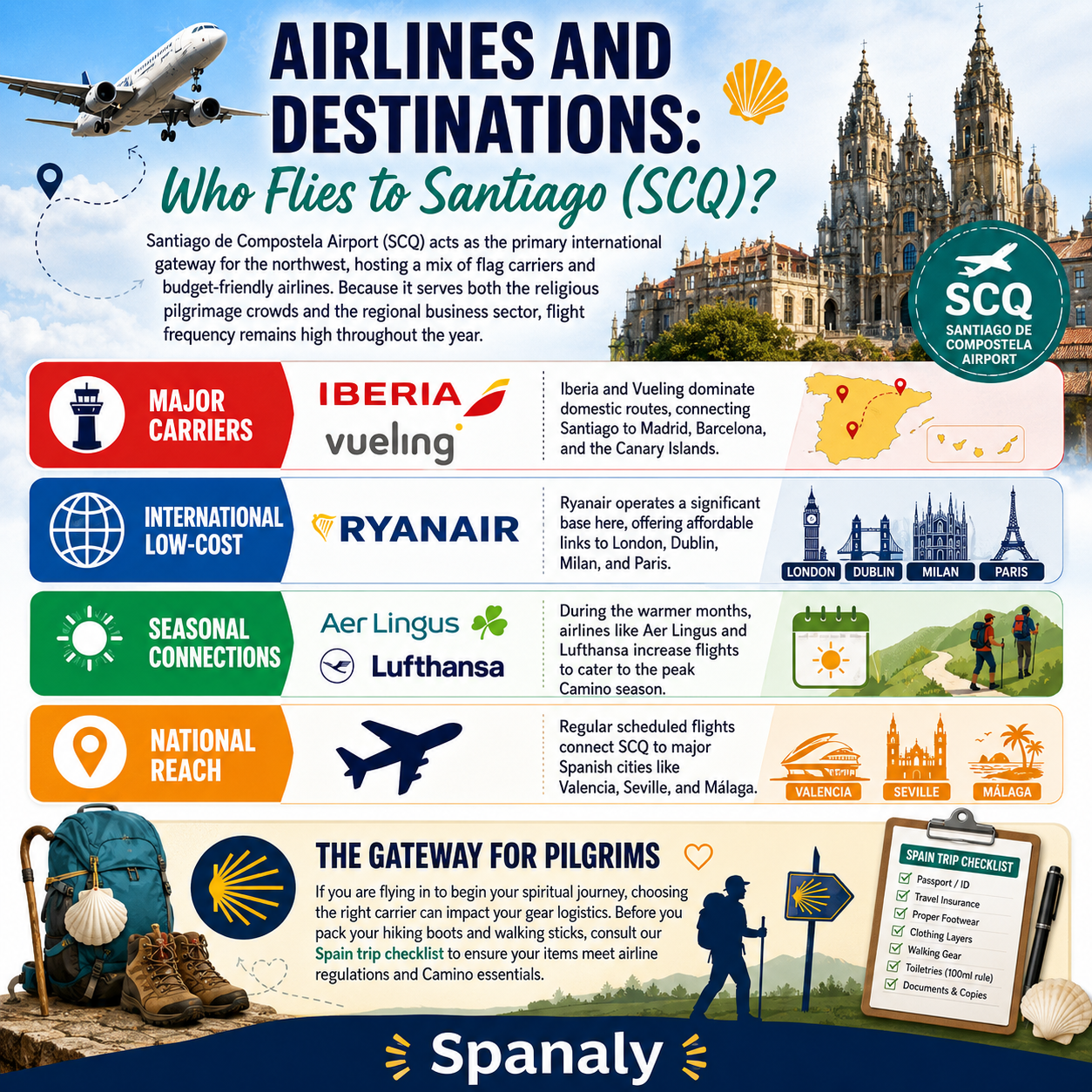 Colorful infographic showing airlines and destinations flying to Santiago de Compostela Airport (SCQ), including Iberia, Vueling, Ryanair, and seasonal routes across Europe for pilgrims and travelers.