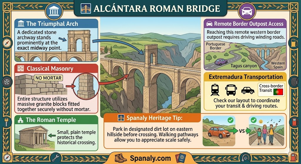 Alcantara Roman Bridge infographic showing the triumphal arch classical granite masonry and roman temple landmarks