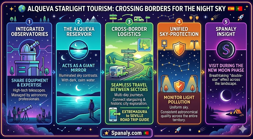 Infographic showing the Alqueva Starlight Tourism cross-border region between Spain and Portugal, highlighting integrated observatories, reservoir reflections, and sky-protection policies.