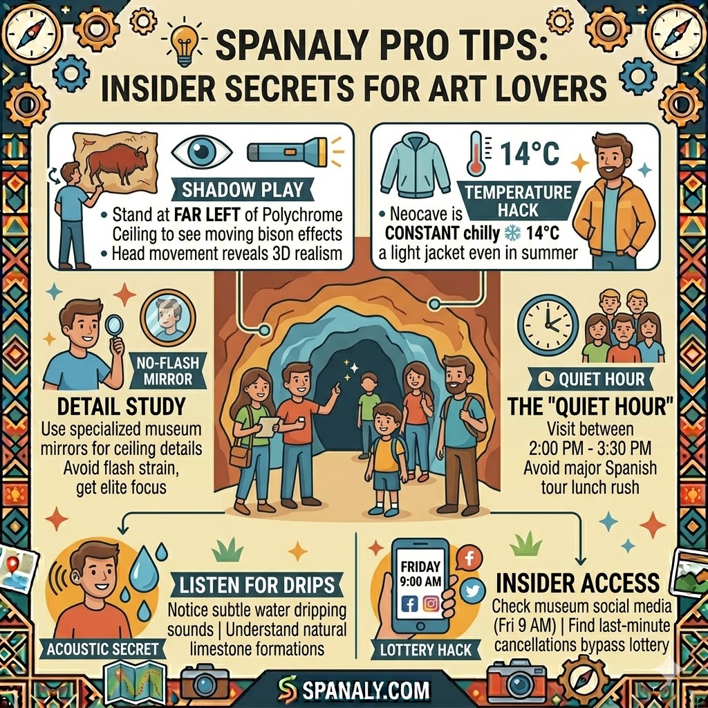 A colorful infographic detailing elite, insider tips for visiting Altamira Caves, derived from expert and Reddit community advice, covering shadow play, temperature, timing, and sensory hacks.