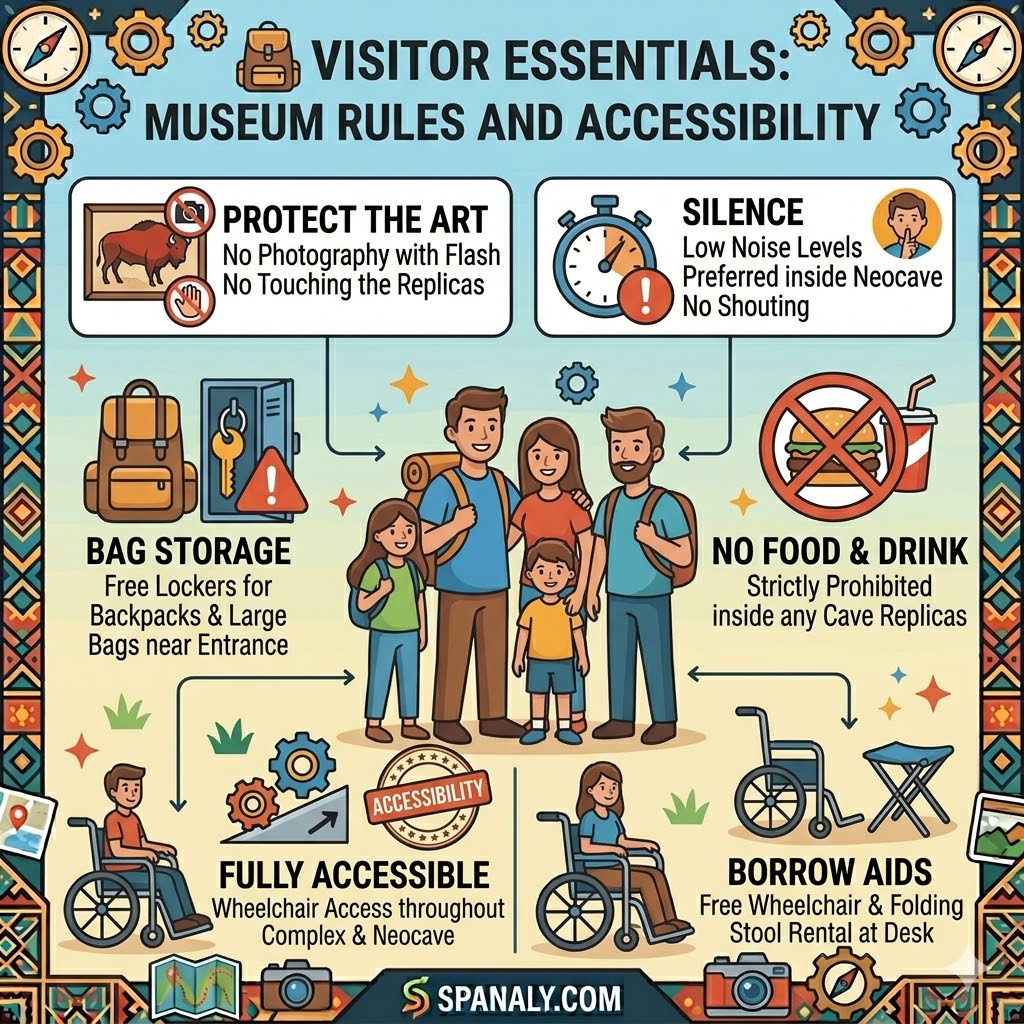 A colorful infographic illustrating essential visitor information for Altamira Caves, showing bag storage, silence, food restrictions, and technical accessibility facts.