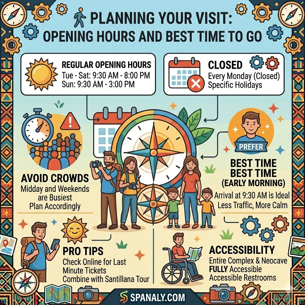A colorful infographic illustrating the planning details for visiting Altamira Caves, showing opening hours, closed days, best time to go, and tips.