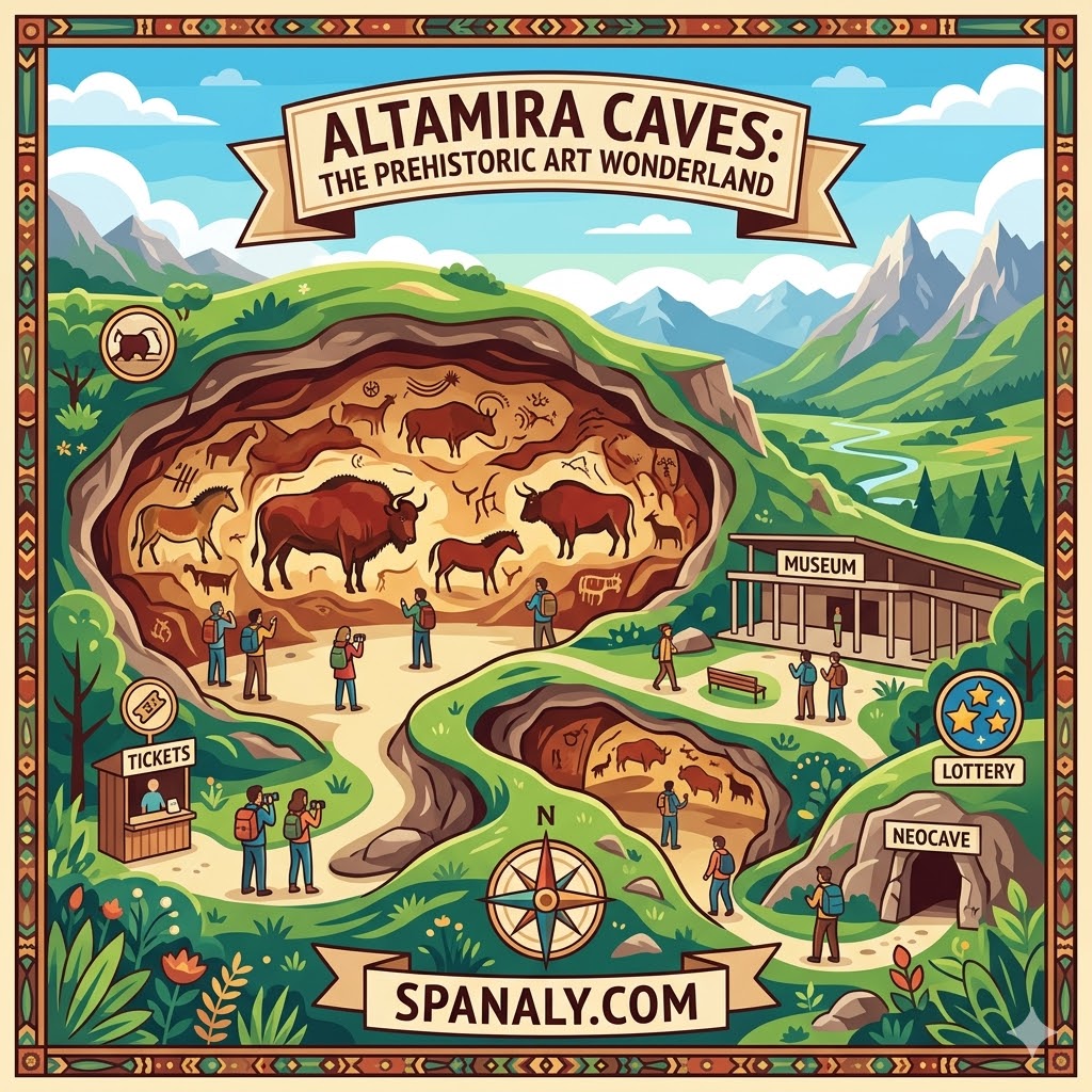 A colorful featured image illustration for Altamira Caves, combining an epic map perspective with prehistoric art, titled 'THE PREHISTORIC ART WONDERLAND'.