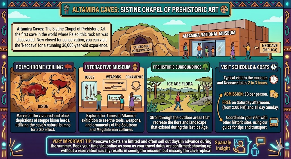 Detailed infographic of Altamira Caves in Spain showing the Neocave replica, Polychrome Ceiling with bison paintings, and museum visitor information.
