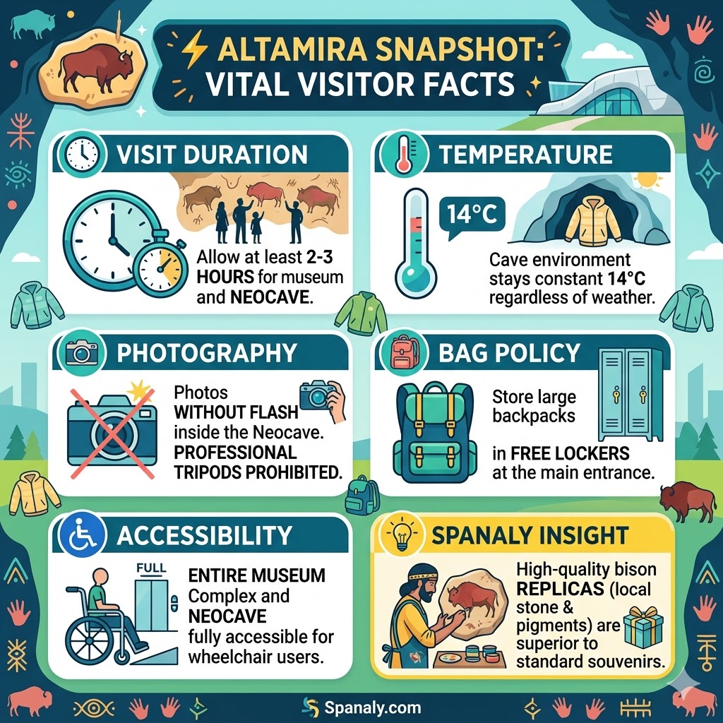 Infographic showing vital visitor facts for Altamira Museum and Neocave, including 2-3 hour visit duration, constant 14°C cave temperature, no-flash photography policy, free lockers, and full wheelchair accessibility by Spanaly.com