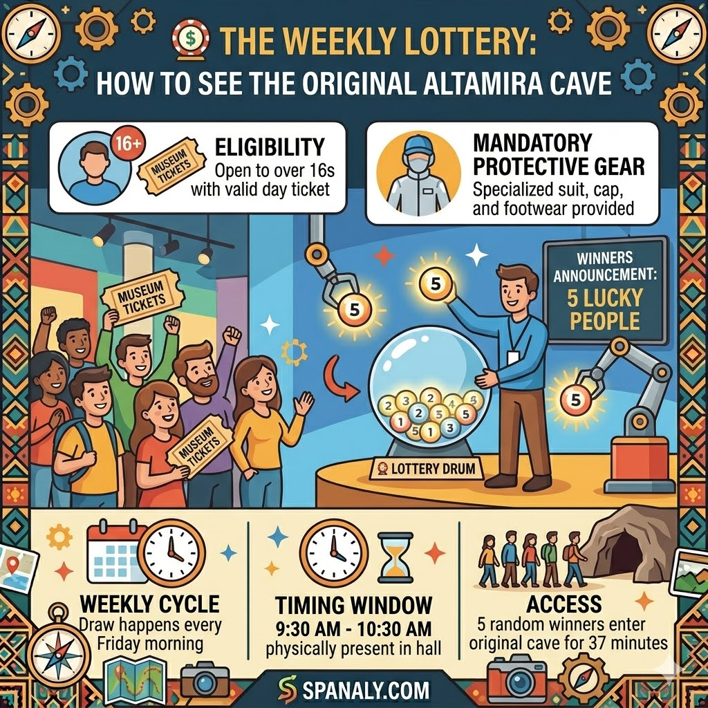 A colorful infographic illustrating how to enter the weekly lottery to visit the original Altamira Cave, detailing rules, timing, and gear.