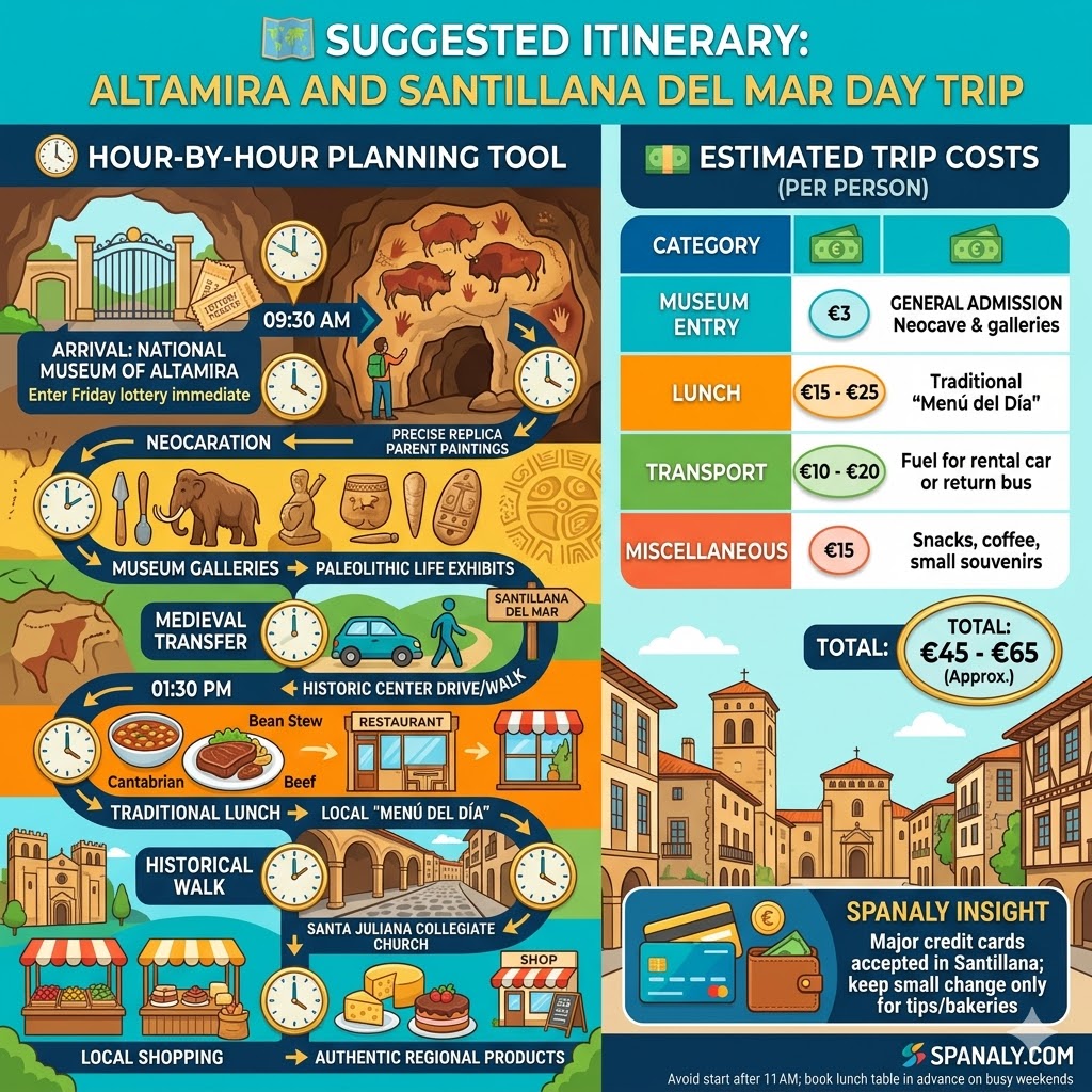 Infographic of a day trip itinerary from Altamira Museum to Santillana del Mar, featuring a timeline from 09:30 AM to 05:00 PM, an estimated budget table for entry fees, lunch, and transport, and Spanaly Insight on local payment tips.