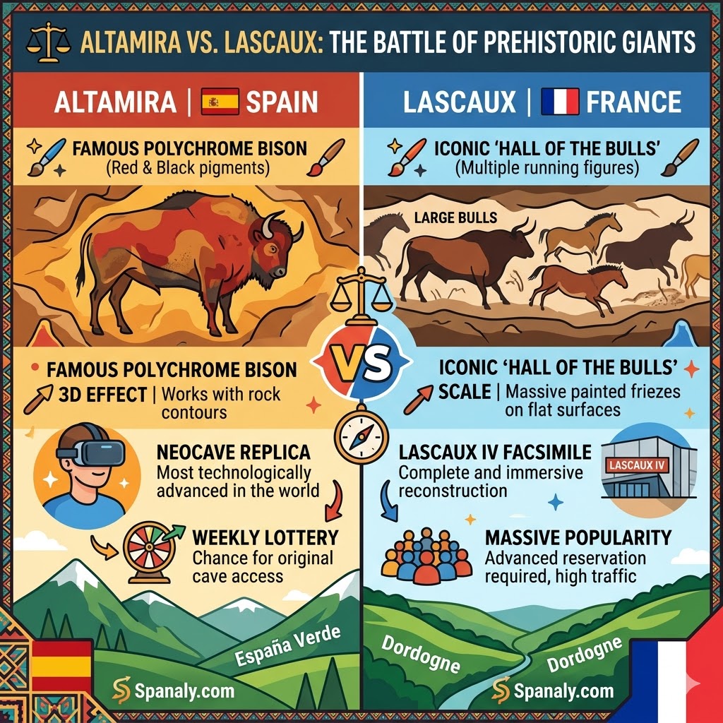 A colorful comparison infographic between Altamira Caves in Spain and Lascaux in France, highlighting artistic techniques and 3D effects.