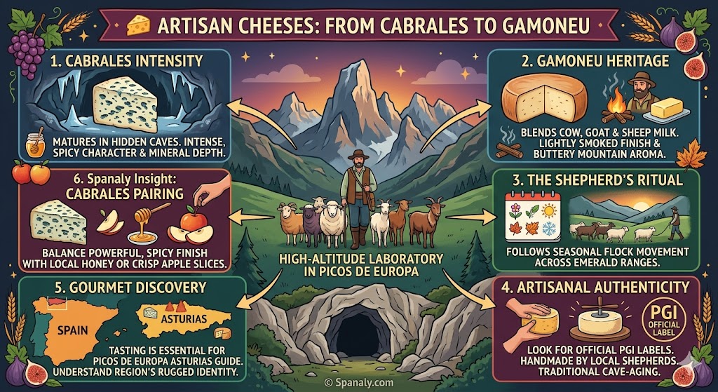 Educational infographic about Asturian artisan cheeses showing Cabrales cave-aging, Gamoneu heritage, and the traditional shepherd’s ritual in Picos de Europa.