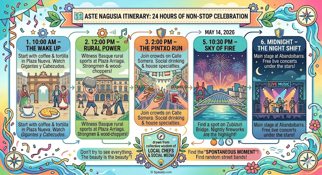A colorful hour-by-hour festival itinerary for Aste Nagusia in Bilbao featuring morning giants parades, rural sports, afternoon pintxos, and nightly fireworks.