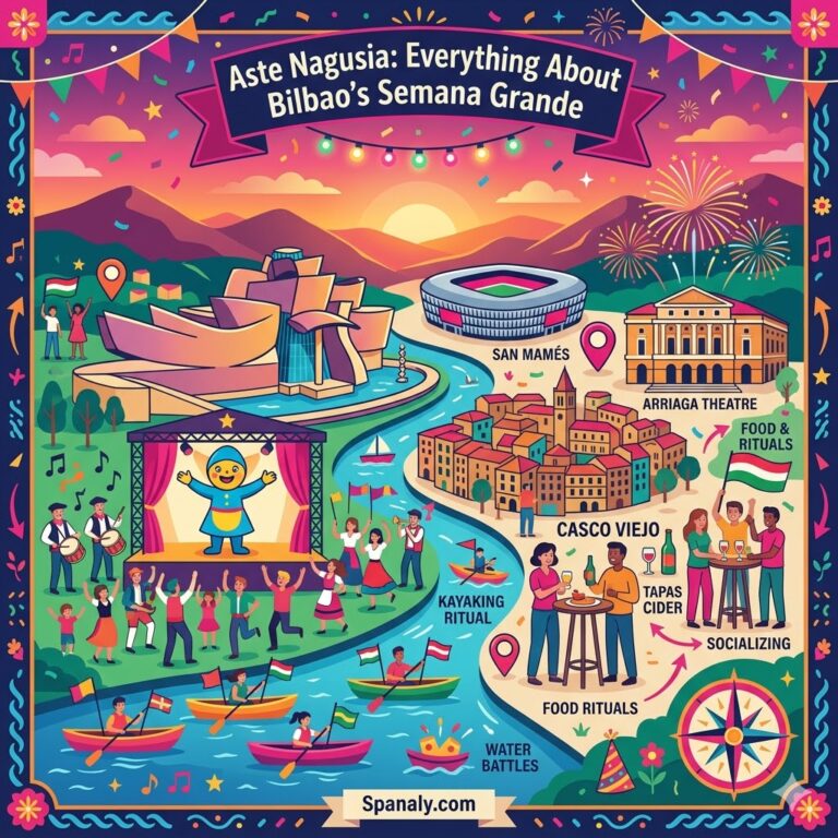An epic illustrated map of Bilbao during Aste Nagusia featuring the Guggenheim Museum, San Mamés, Casco Viejo, and traditional Basque festival celebrations.