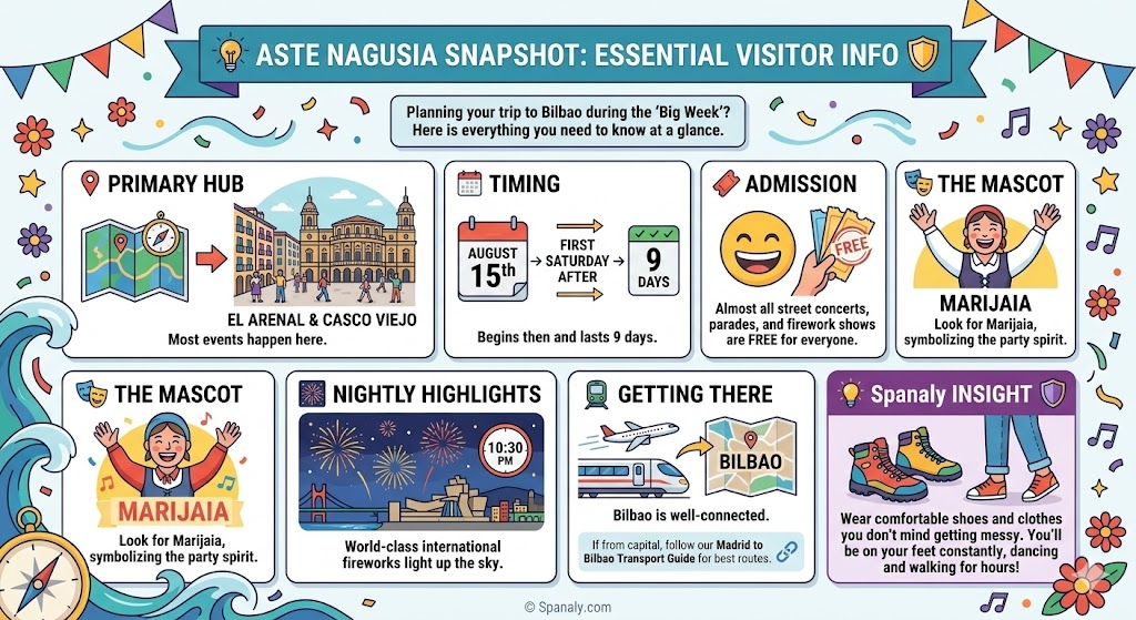 A colorful visitor information infographic for Aste Nagusia in Bilbao, featuring Marijaia mascot, festival timing, free admission details, and nightly fireworks schedule.