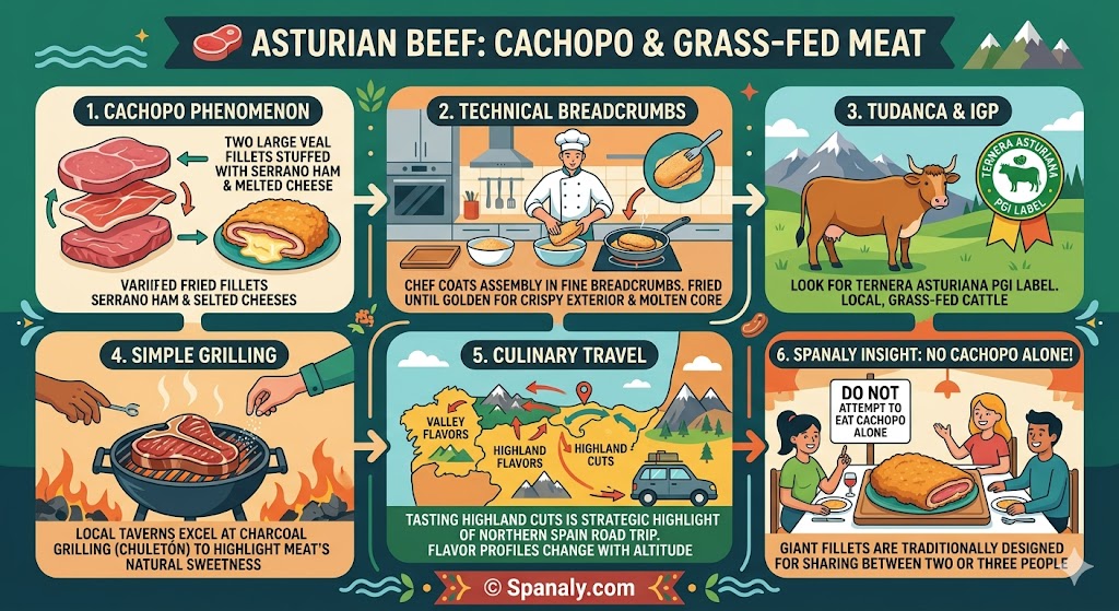 Infographic about Asturian beef featuring the Cachopo preparation, PGI grass-fed cattle labels, and traditional charcoal grilling techniques in Northern Spain.