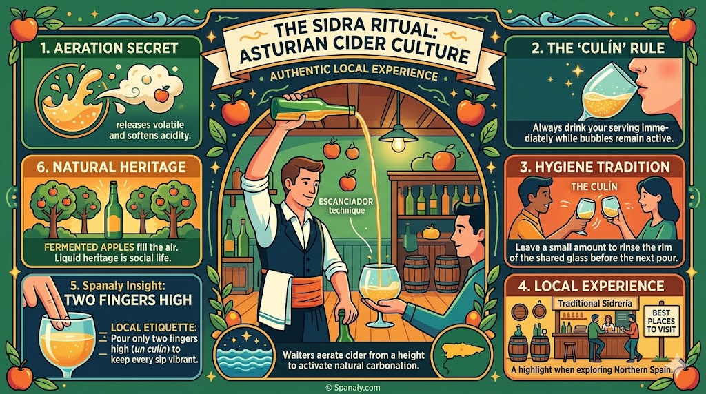 Infographic showing the traditional Asturian cider ritual, including the escanciar pouring technique, the culín rule, and local hygiene etiquette.