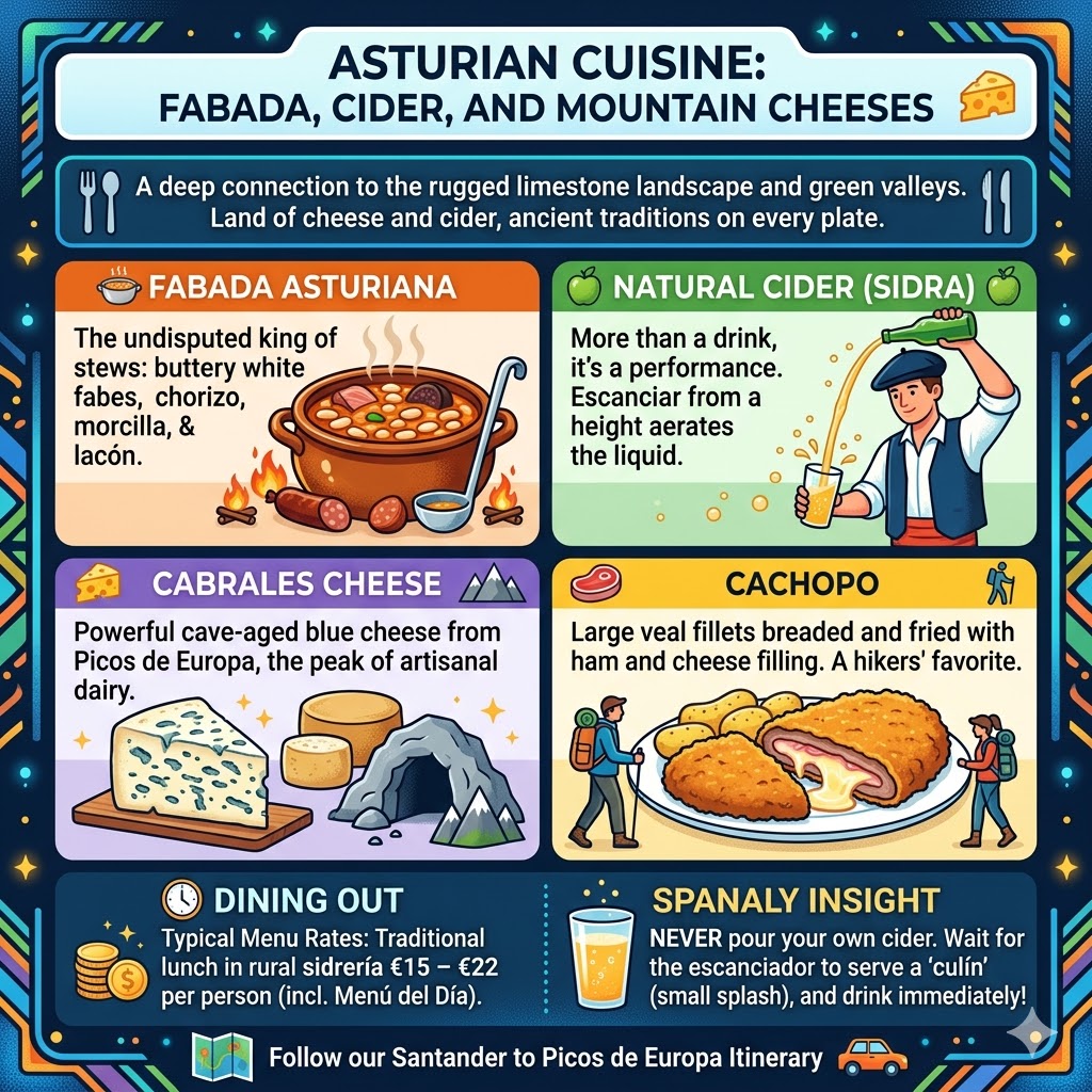 Infographic of Asturian cuisine featuring Fabada Asturiana, natural cider pouring technique, Cabrales blue cheese, and Cachopo with visitor price tips.