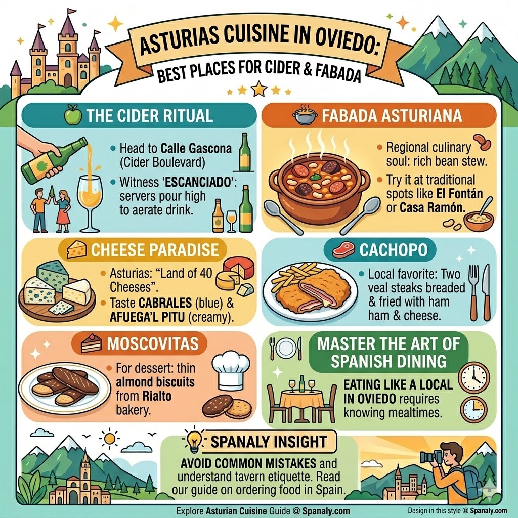 Infographic of Asturian cuisine in Oviedo featuring cider pouring ritual, Fabada Asturiana, Cabrales cheese, Cachopo, and Moscovitas biscuits.