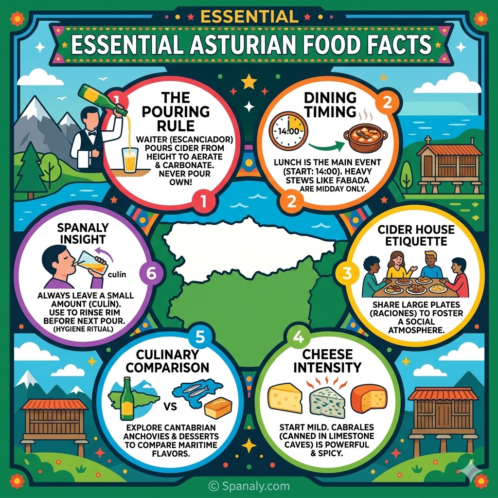 Infographic detailing essential Asturian food facts, including cider pouring rules, proper dining times for Fabada, and Cabrales cheese intensity.