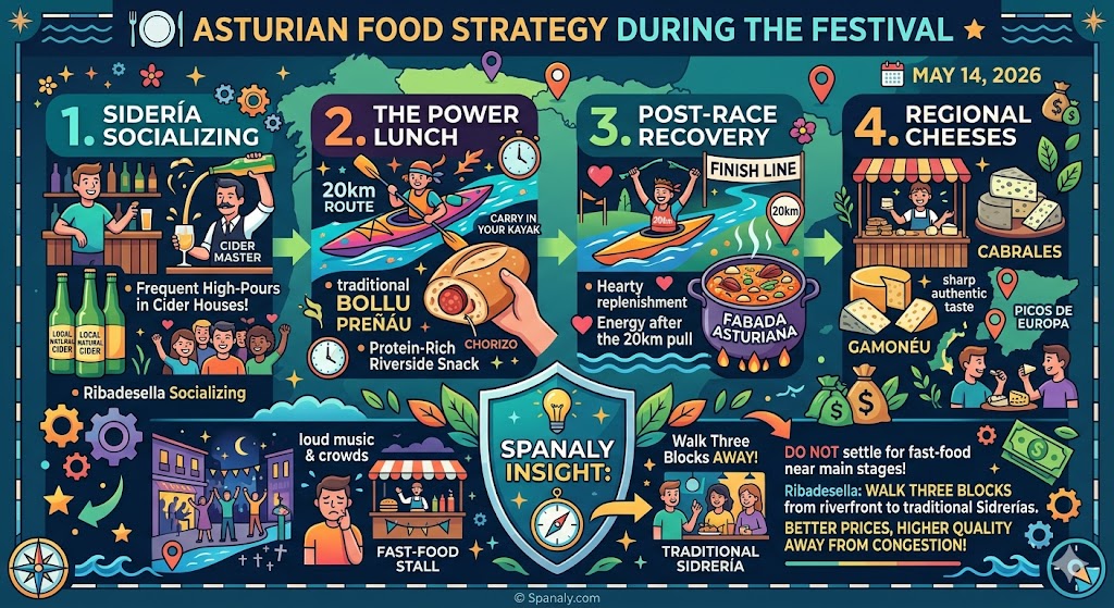 A detailed culinary infographic for the Sella Descent featuring Asturian cider, Bollu Preñáu snacks, Fabada Asturiana, and local Cabrales cheese with expert dining tips.