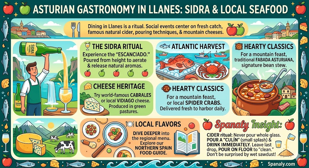 Infographic about Asturian gastronomy in Llanes featuring sidra pouring ritual, fresh Atlantic seafood, Cabrales cheese, and Fabada Asturiana.