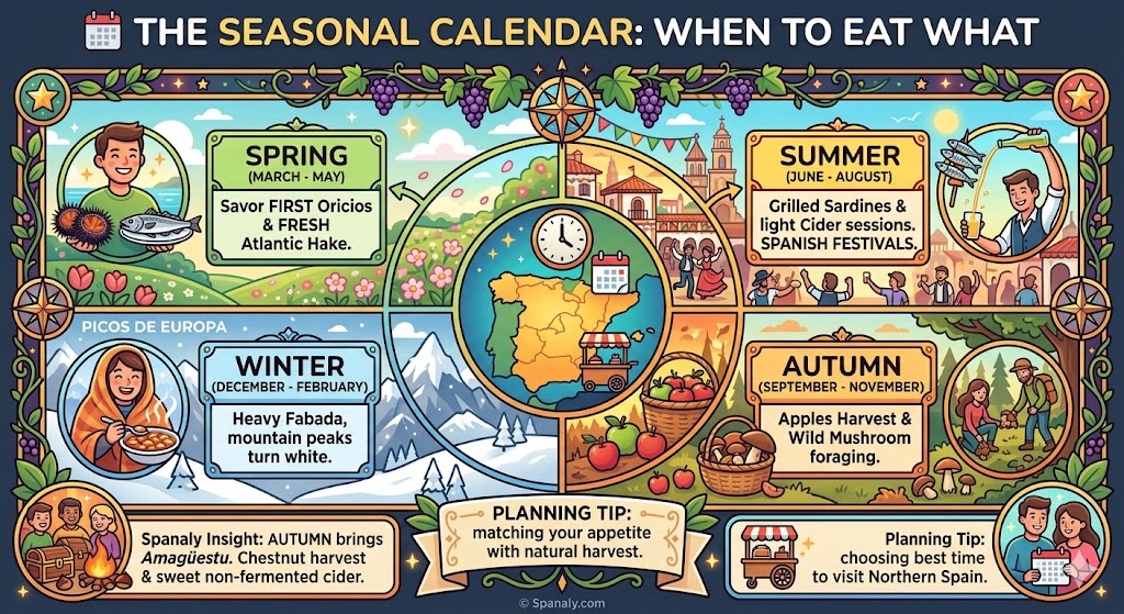 Seasonal food calendar for Asturias showing spring sea urchins, summer grilled sardines, autumn chestnut harvest, and winter Fabada stew.