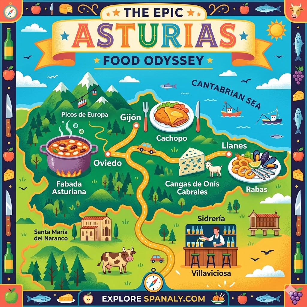 Vibrant flat vector infographic map of Asturias showing lush mountains, coastline, and iconic dishes like Fabada, Cachopo, Cabrales cheese, and a traditional cider pourer.