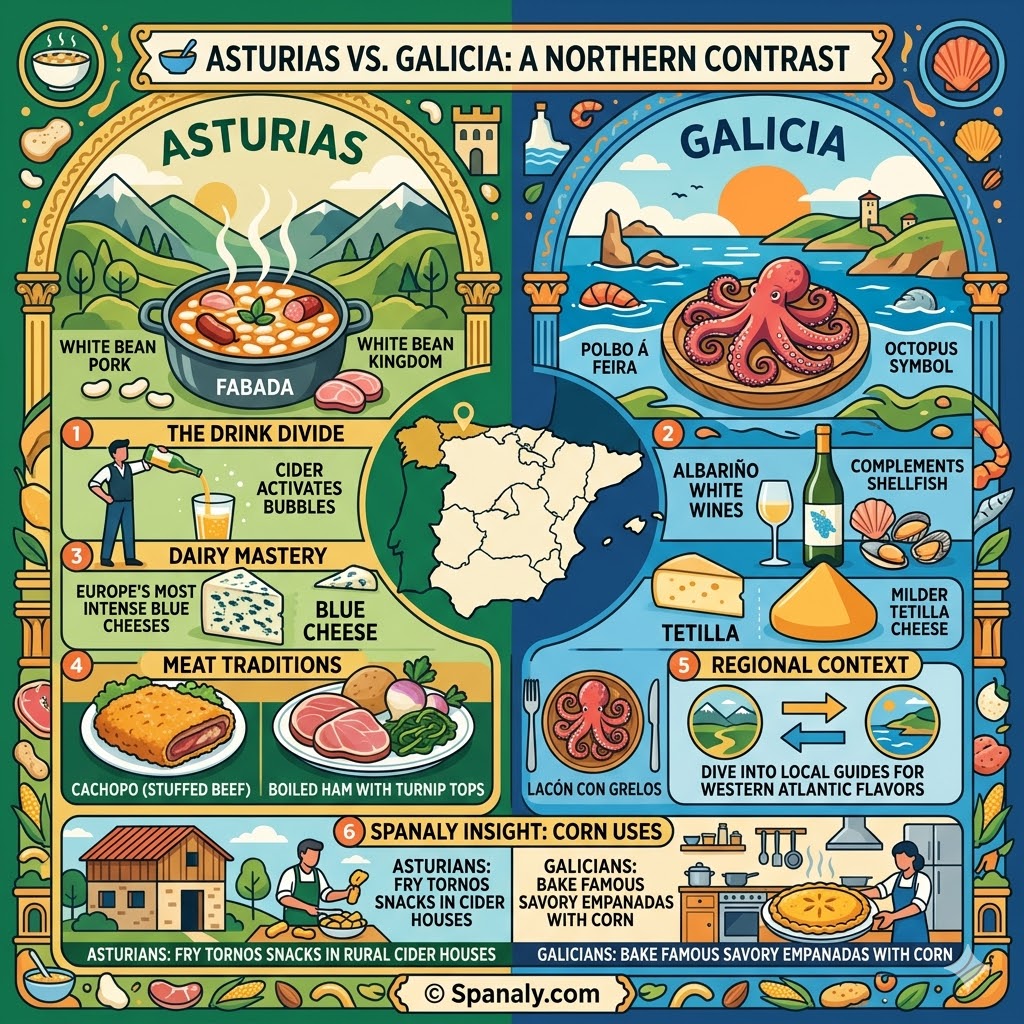 A comparative infographic between Asturias and Galicia gastronomy showing Fabada vs Octopus, Cider vs Albariño wine, and Cabrales vs Tetilla cheese.