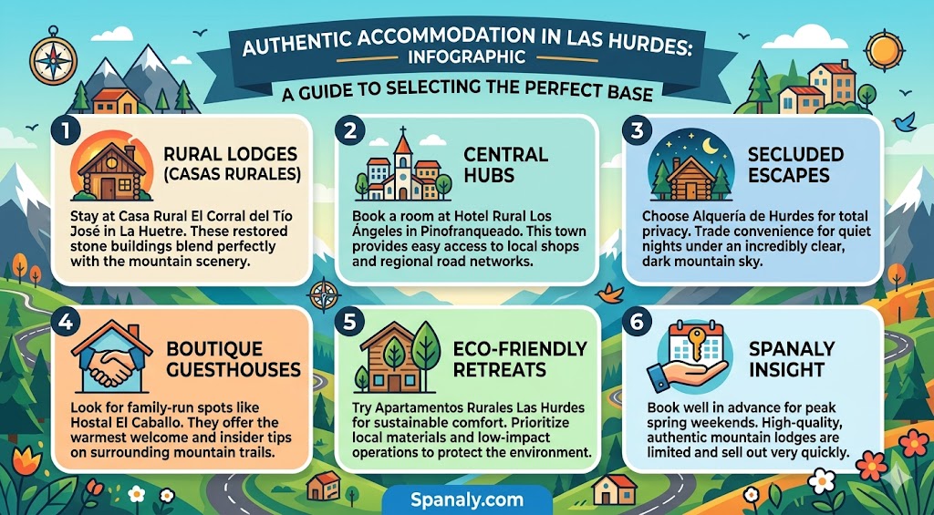 An infographic guide to authentic accommodation in Las Hurdes, Spain, including rural lodges, central hubs, and eco-friendly retreats for mountain travelers.