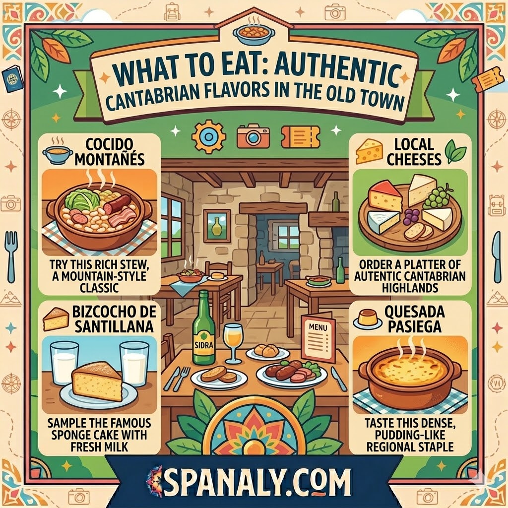 Colorful infographic detailing authentic Cantabrian flavors to try in Santillana del Mar, including Cocido Montañés, Bizcocho, cheeses, and Quesada Pasiega.