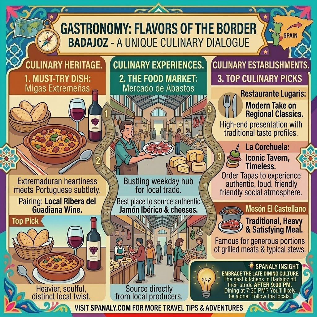 Colorful travel infographic highlighting Badajoz gastronomy, featuring Migas Extremeñas, Mercado de Abastos market, and top recommended restaurants by Spanaly.com.