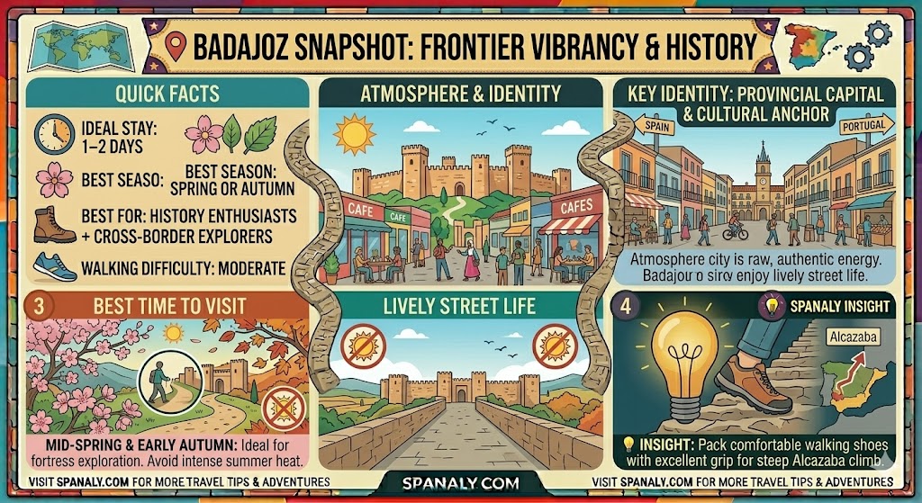 Colorful travel infographic providing a snapshot of Badajoz, Spain, featuring quick facts on best travel seasons, walking difficulty, and local atmosphere by Spanaly.com.