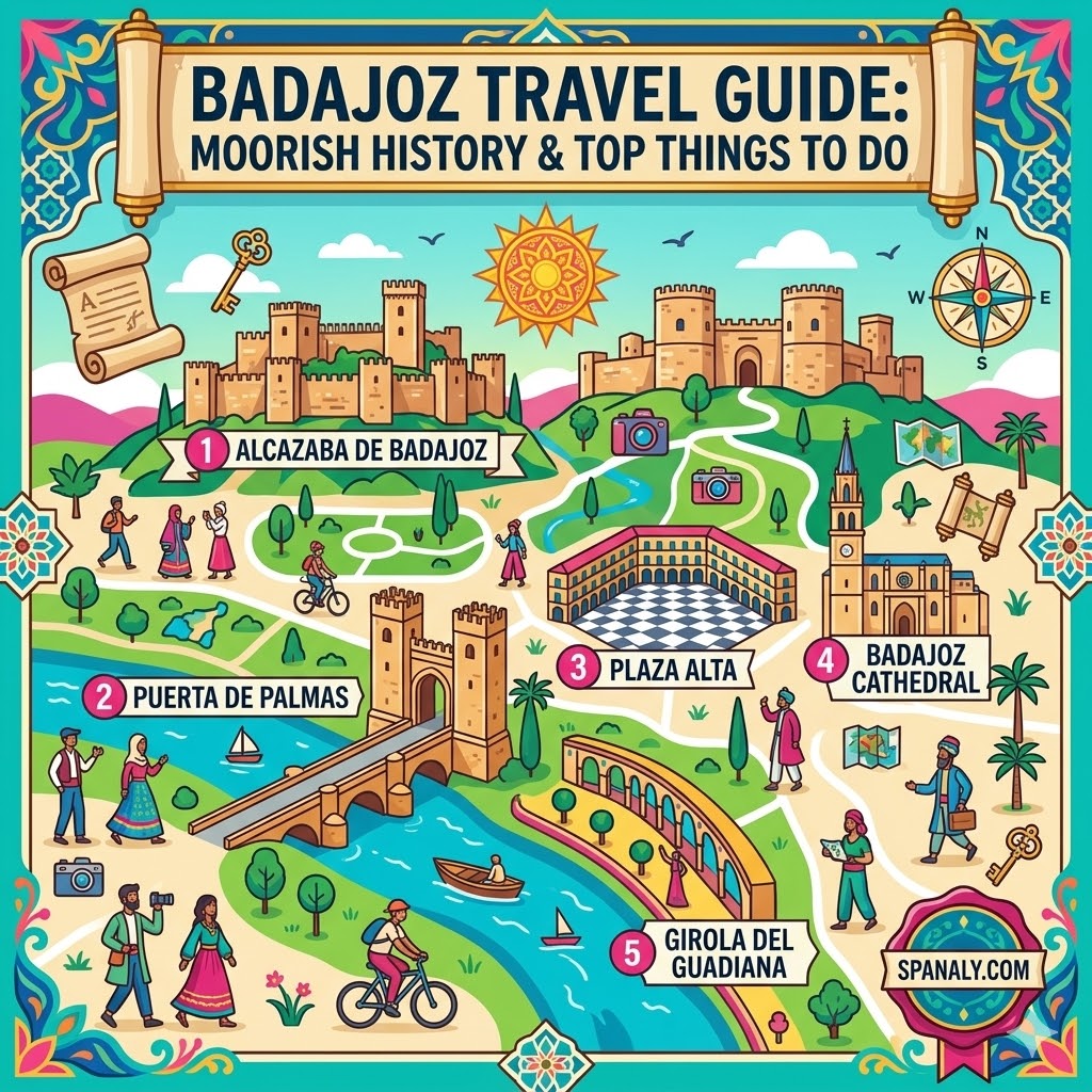 Featured infographic-style illustration of Badajoz, Spain, highlighting iconic Moorish landmarks like the Alcazaba fortress and Guadiana River in a vibrant flat vector style by Spanaly.com.