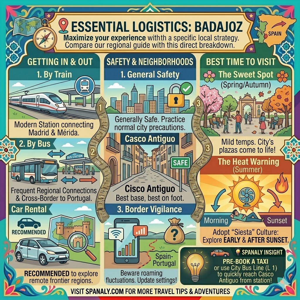 Colorful travel infographic providing essential logistics for visiting Badajoz, Spain, including transport tips, safety advice, and best time to visit by Spanaly.com.